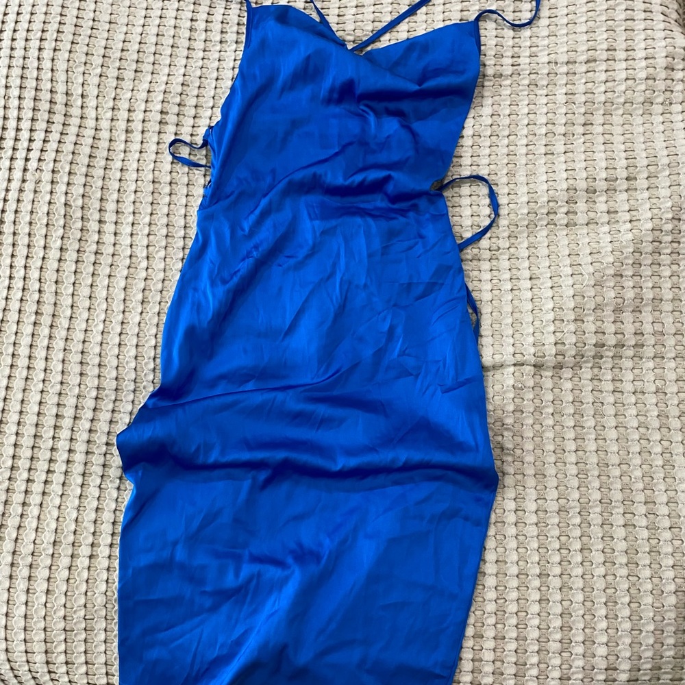 Royal Blue strappy dress back graduation night out midi tight sexy silky trendy - Picture 4 of 5